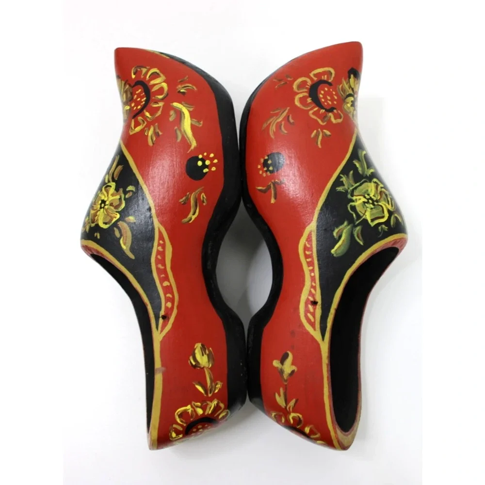 Vintage Hand Painted Wooden Clogs Dutch Holland Shoes Floral Folk Art 9